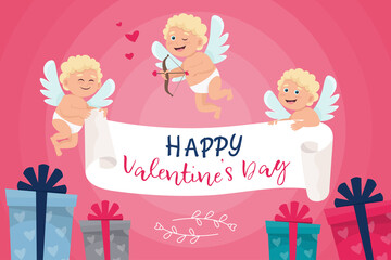Valentine’s Day banner with cute cupid and gift box. Vector illustration in flat style