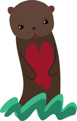 A playful chocolate colored otter pops out of water holding red heart, symbol of love and friendship. Animal vector illustration suitable for postcards, stickers, Saint Valentine or birthday designs.
