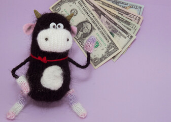 dollar bills and knitted black bull on purple background. 2021 symbol