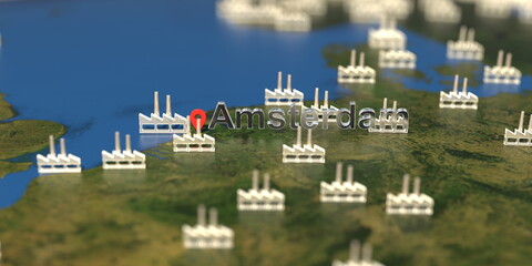 Amsterdam city and factory icons on the map, industrial production related 3D rendering