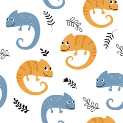 Seamless pattern with funny chameleon lizard character in cartoon style