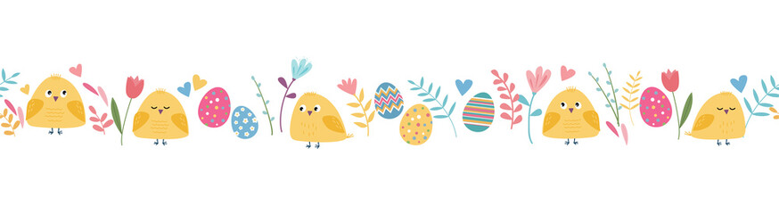 Seamless colorful pattern border with Easter and spring elements:  flowers, chicks, birds, eggs