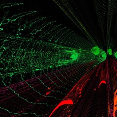 patterns and 3D designs from vividly coloured pen tops in green yellow and pink