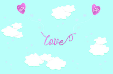Fluffy lettering Love with balloons among the clouds on a blue background. Romantic card for wallpaper, background and textiles. Vector illustration.