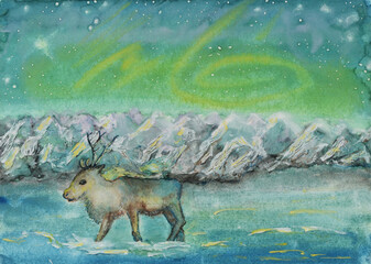 Mixed media painting of reindeer running in snowy mountain valley under northern lights