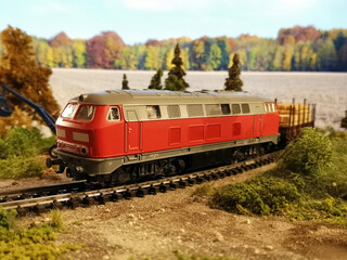 Modellbahn Diesellok BR216 in einer Landschaft