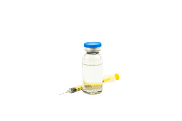 Medical glass vial and syringe for vaccination isolated on white background.