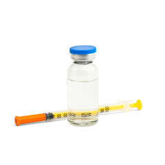 Medical glass bottle with insulin and syringe for injection isolated on white background.