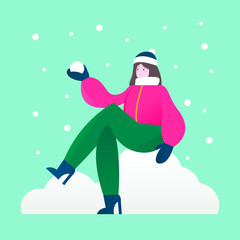 Modern design of winter fun in the snow. Cute vector illustration of a girl in warm clothes playing snowballs. Happy winter holidays.
