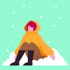 Modern design of winter fun in the snow. Cute vector illustration of a girl in warm clothes sitting in the snow because of the game of snowballs. Happy winter holidays.