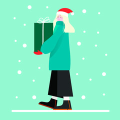 Cute girl design with gift box. Christmas spirit carrier. Vector illustration of a girl walking in the snow in warm clothes. Happy winter holidays.