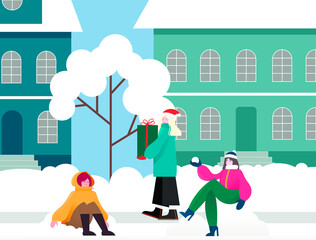 Winter design of girls playing in the snow.
Vector illustration of people carrying the spirit of Christmas celebrating the holiday in the snow.