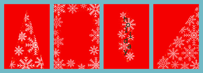 Winter set of cards, templates, posters, posters, covers. Festive design with snowflakes and sparkles on a red background.