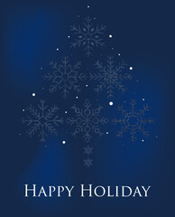 Happy winter holidays.
Design of a holiday card of a variety of snowflakes pretending to be a Christmas tree. Winter card, banner, template, poster.