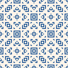 Vector geometric ornament in ethnic style. Abstract seamless pattern with squares, diamonds, triangles, grid, repeat tiles. White and blue color. Simple modern background texture. Repeat geo design