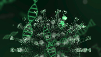 Coronavirus 2019-nCov cells in organism blood vessel presented as neon green cells on black background. Concept of dangerous virus strain cases like coronavirus, SARS, MERS. 3d rendering 4K video.