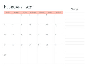 Calendar February 2021, printable with simple and modern style