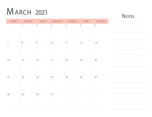 Calendar March 2021, with simple and modern design