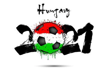 Abstract numbers 2021 and soccer ball painted in the colors of the Hungary flag in grunge style. Figures 2021 and flag of Hungary in the form of a soccer ball made of blots. Vector illustration