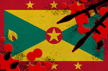 Grenada flag and rocket launchers with grenades in blood. Concept for terror attack and military...