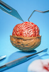 Walnut with bloody brain and surgical instruments on the operating table
