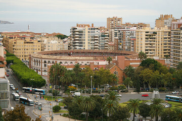 Fototapeta na wymiar Malaga, Spain - A view from above of Plaza de toros de La Malagueta, a bullring in Málaga. Image has copy space.