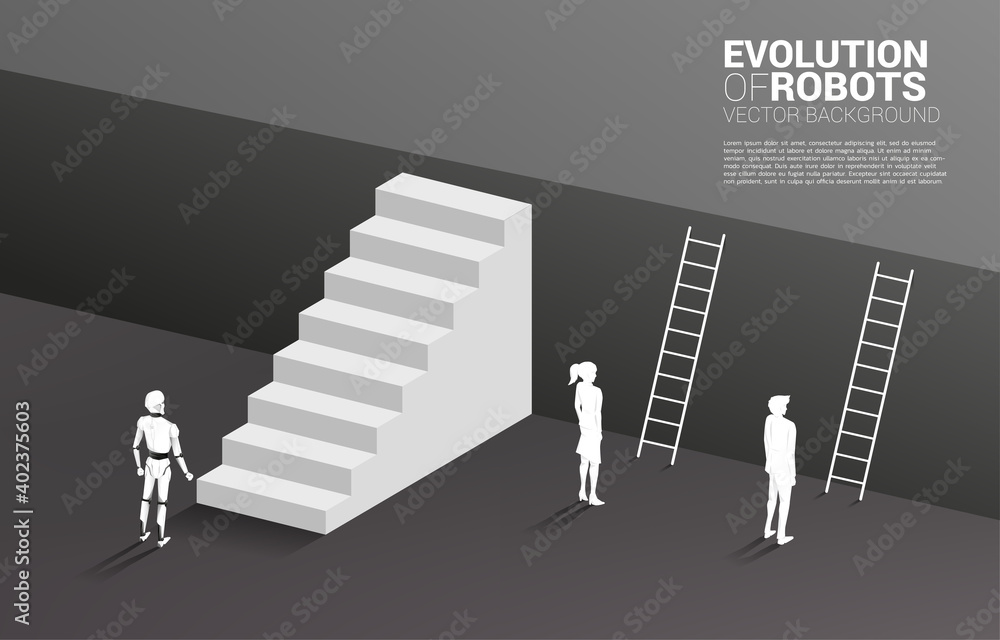 Aufkleber Robot with stair and businessman with ladder to go upper level floor. Business concept for machine learning and a.i artificial intelligence.human vs. robot.