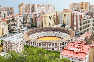Malaga, Spain - An aerial view of Plaza de Toros de La Malagueta, a bull fighting ring in Malaga,...