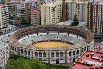 Malaga, Spain - October 20 2012 - An aerial view of Plaza de Toros de La Malagueta, a bull fighting ring in Malaga, Andalusia Spain.