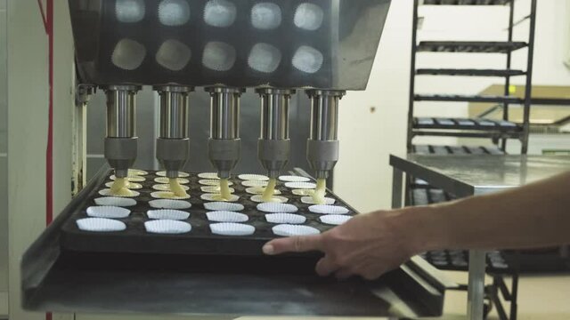 Anonymous baker on muffin preparation with automatic machine