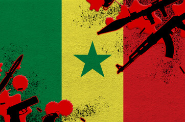 Senegal flag and various weapons in red blood. Concept for terror attack and military operations...