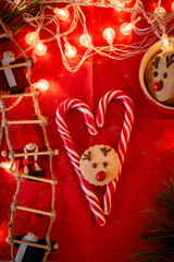 Fototapeta na wymiar Postcard New Year's decor, gingerbread cookies New Year's deer, heart-shaped candies, lights, tree on a red background