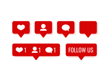 Set of social media notification red icon - like, follower, comment, follow us button.  Computer web site and mobile app design. Vector illustration