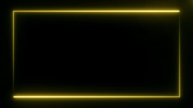 yellow neon frame at the screen border formed by two moving lines on black background. Abstract backdrop 3D rendering 4k video.