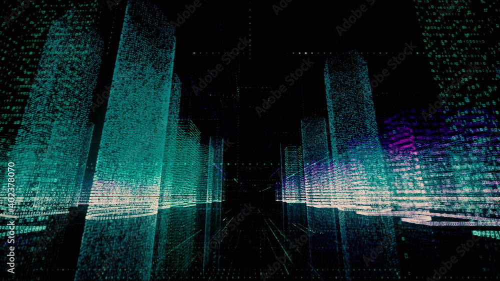 Poster moving through the blue and white colored model of abstract digital city contained of random numbers