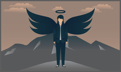 
vector illustration of women business like an angel standing on a mountain,