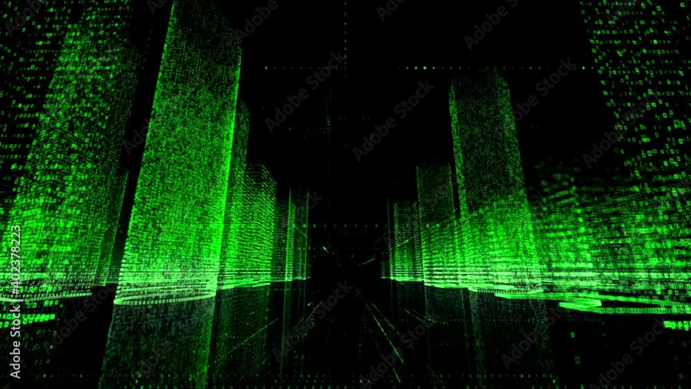 Poster camera movement in black space through the model of digital city consists of green colored symbols a