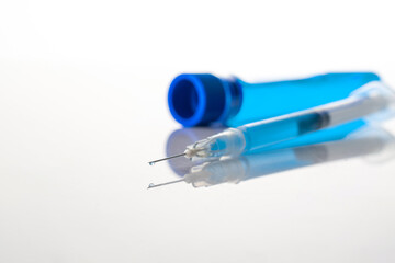 Protection covid. Medical syringe with needle for protection flu virus and coronavirus. Covid...