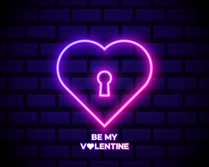 Be Mine Valentine neon sign on dark brick wall background. Valentine's Day Banner, special offer. Bright signboard, light banner