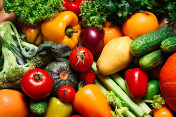 Fototapeta na wymiar Assortment of fresh organic fruits and vegetables as background, closeup