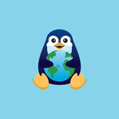 Cute Penguin Hugging the Earth vector or logo