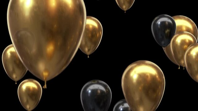 Loop Flying gold and black balloons with alpha channel