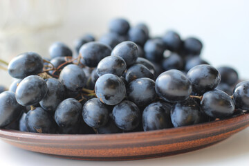 Blue grapes on a clay plate