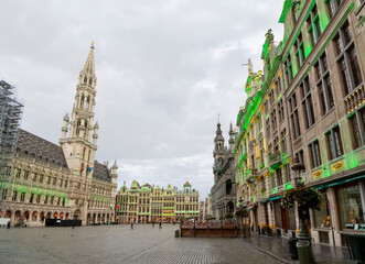 An overcast morning at the Grand Place, central square in the city of Brussels, Belgium.