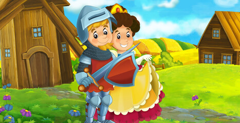 cartoon scene prince and princess on the farm ranch traveling illustration