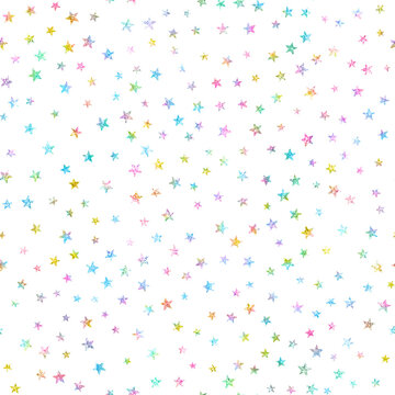 small rainbow glitter stars seamless pattern fun celestial galaxy sky white background