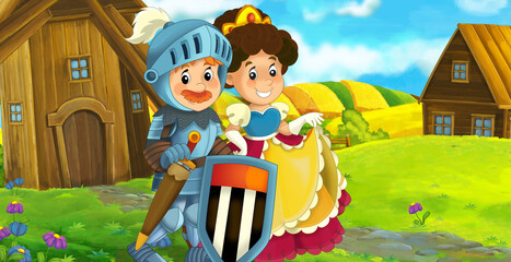 cartoon scene prince and princess on the farm ranch traveling illustration