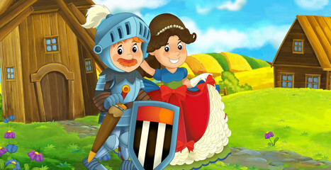 cartoon scene prince and princess on the farm ranch traveling illustration
