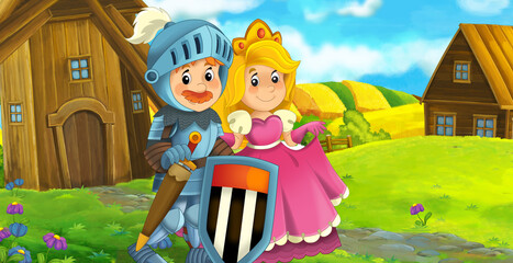 cartoon scene prince and princess on the farm ranch traveling illustration