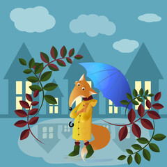Fox in a raincoat with a blue umbrella